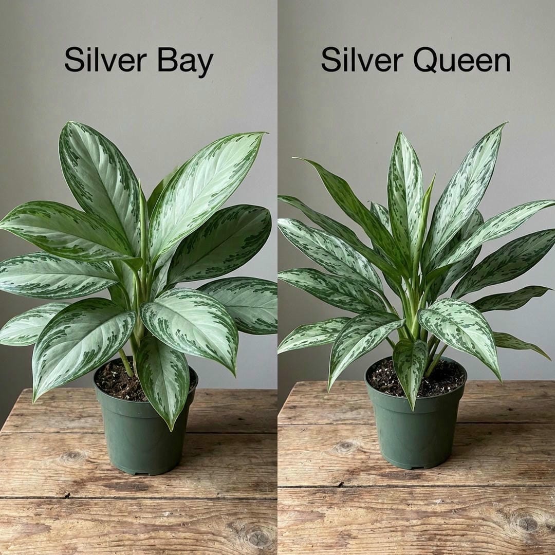 Side by side comparison of Silver Bay and Silver Queen Aglaonemas.