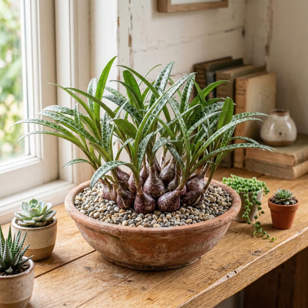A colony of Silver Squill displayed in a shallow terracotta bowl with gravel top dressing on a bright shelf beside other small succulents.