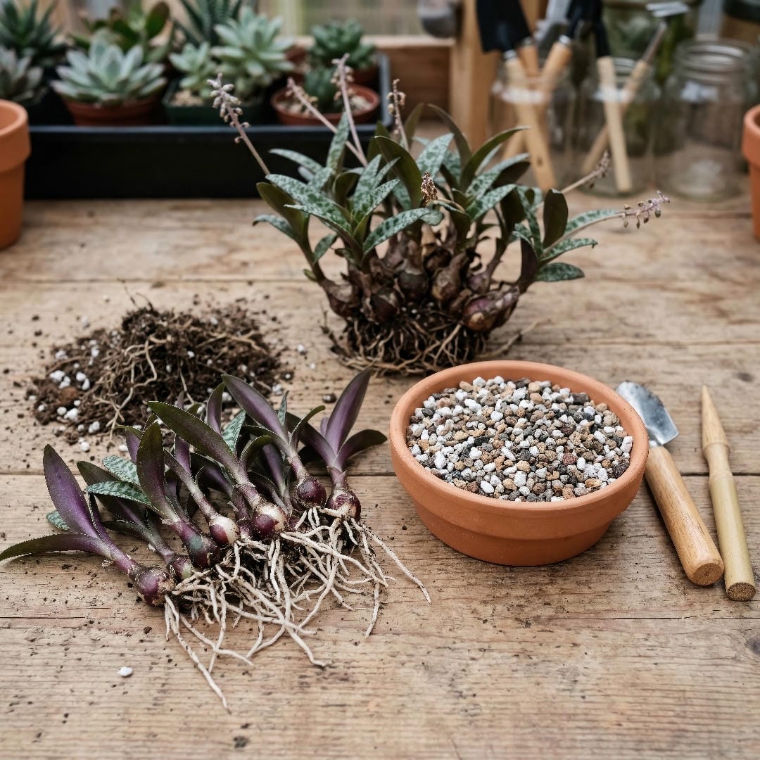 Silver Squill bulbs separated for propagation with roots attached beside a shallow pot of gritty mix ready for replanting.