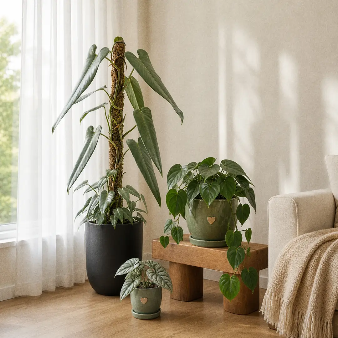 A styled corner of a bright modern living room with a tall Silver Sword Philodendron climbing a moss pole in a matte black ceramic pot beside a Heart-Leaf Philodendron trailing from a shelf and a small Alocasia Silver Dragon on a wooden plant stand, with sheer curtains and a warm wooden floor
