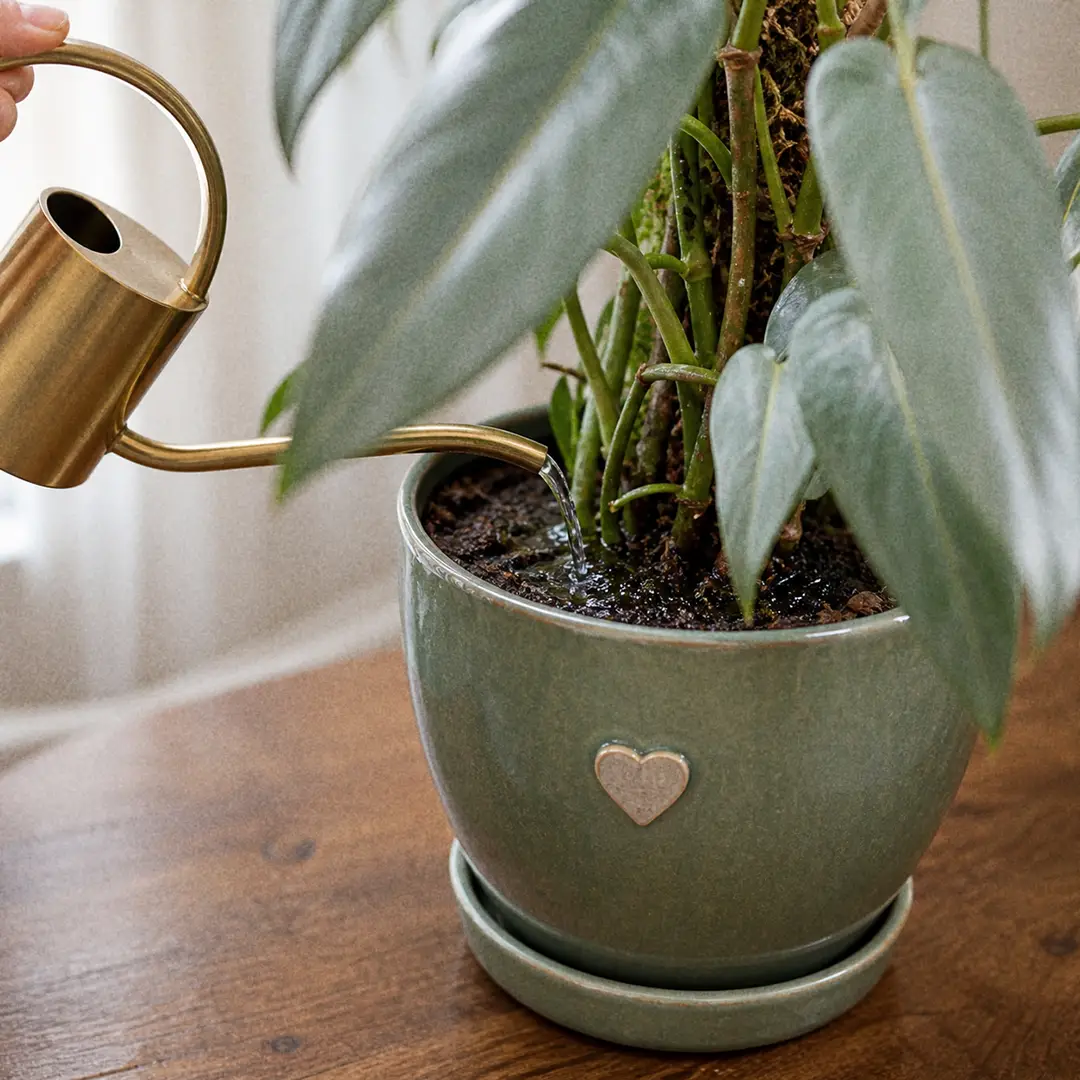 A close-up of a slender-spouted watering can pouring water at the soil line of a Silver Sword Philodendron in a green ceramic pot with a heart motif, with droplets visible on the soil surface