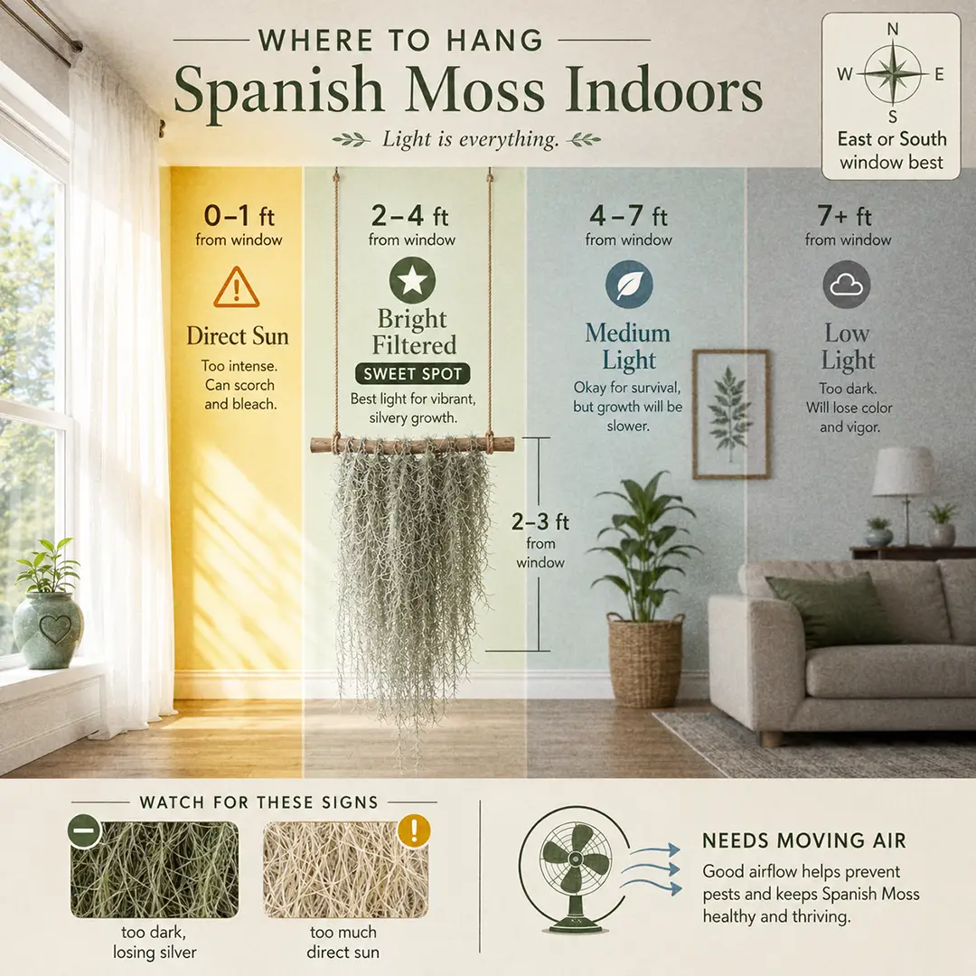 A labeled light guide diagram showing where to hang Spanish Moss indoors relative to an east-facing window, with direct sun, bright indirect, medium and low light zones marked and the sweet spot highlighted two to four feet back behind a sheer curtain