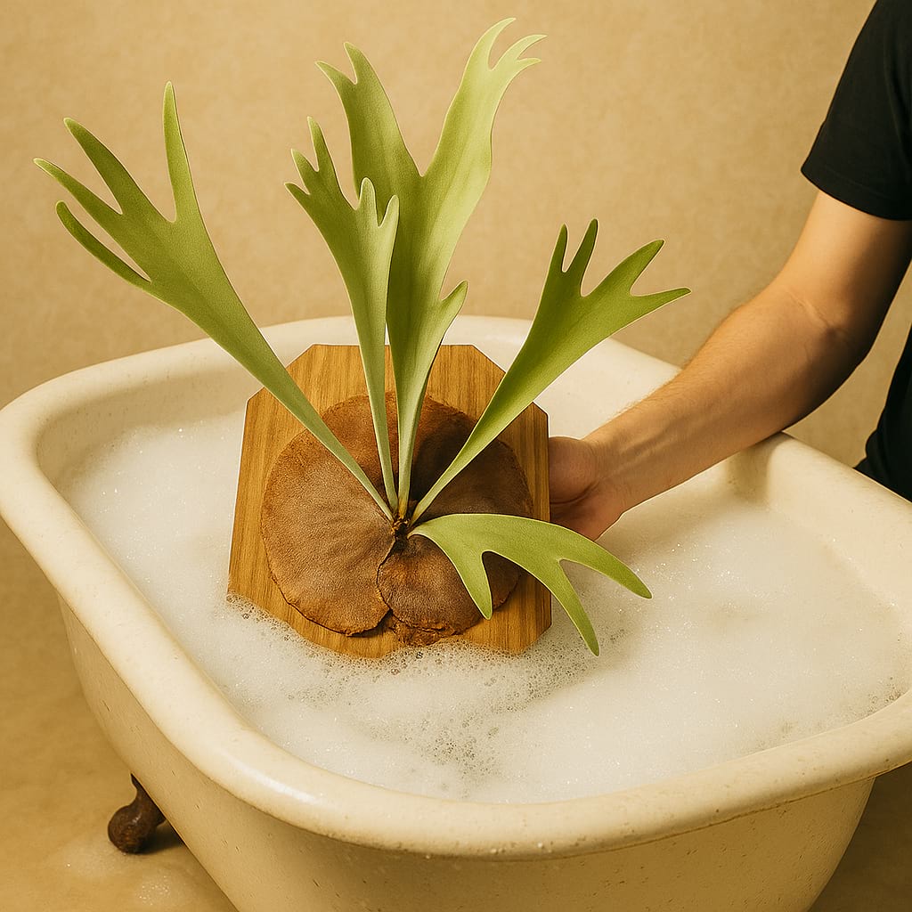 Staghorn fern soaking in soap water