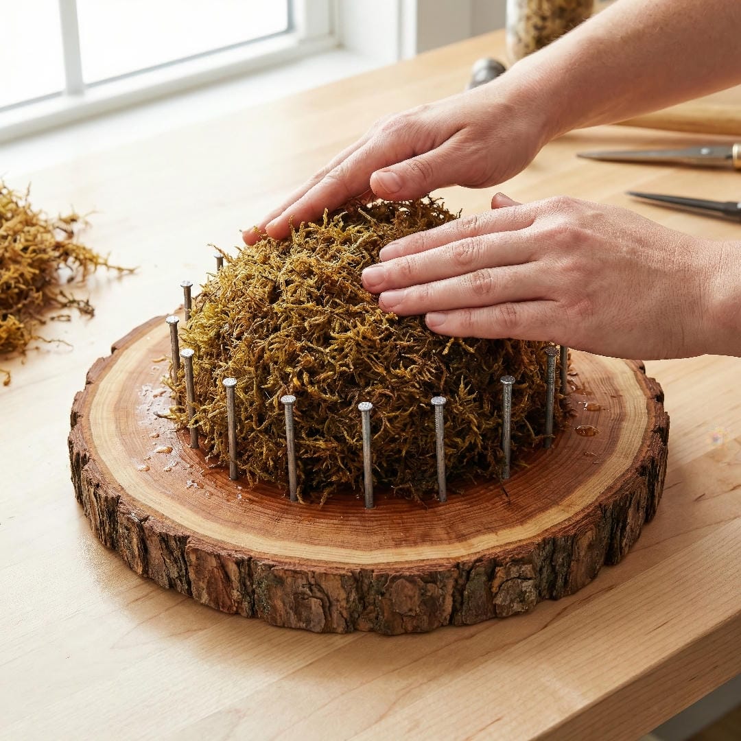 A dome-shaped mound of damp sphagnum moss placed in the center of a wood slice mount, inside a circle of anchor nails.