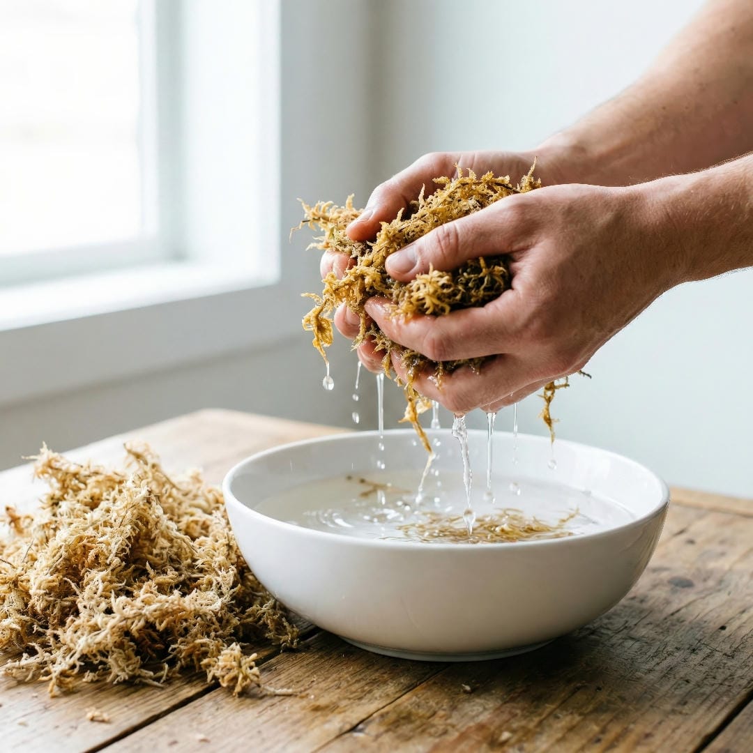 A bowl of water with sphagnum moss soaking inside, being squeezed by hand to show proper hydration level.