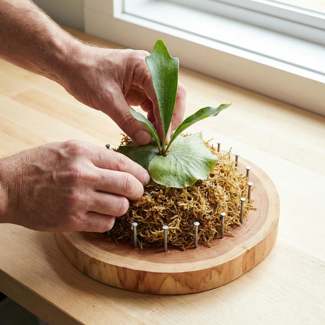 Hands carefully positioning a staghorn fern onto a bed of sphagnum moss on a wood slice mount.