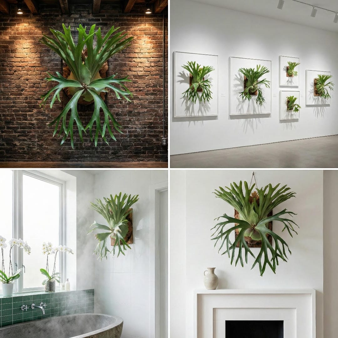 Four creative staghorn fern mounting display ideas: rustic wood wall, gallery wall with multiple ferns, bathroom display, and above a fireplace.
