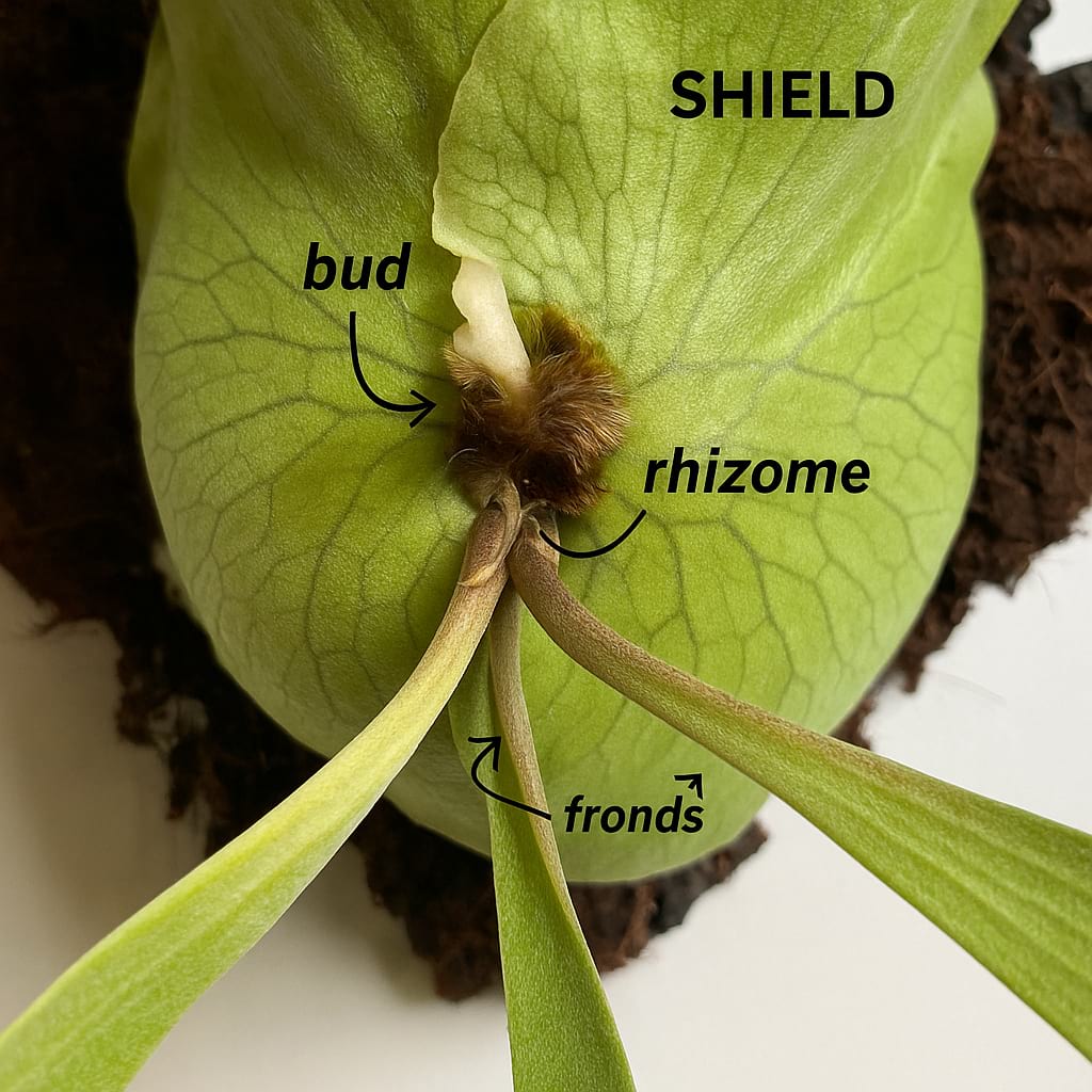 Diagram showing fertile fronds, shield fronds, and pups on a Staghorn Fern