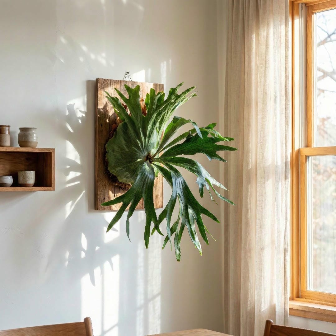 Staghorn Fern mounted near a bright window with filtered sunlight