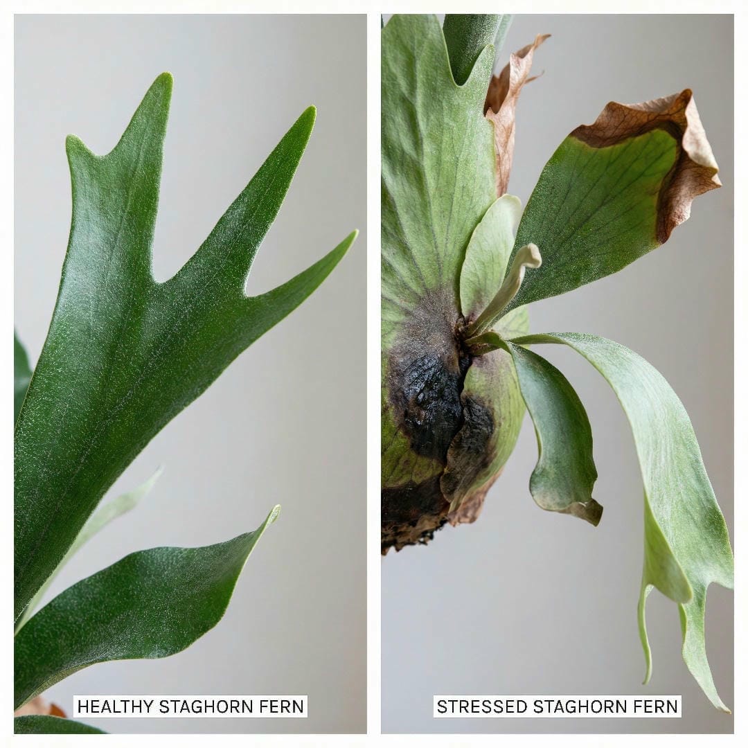 Healthy vs stressed Staghorn Fern frond comparison showing common problems