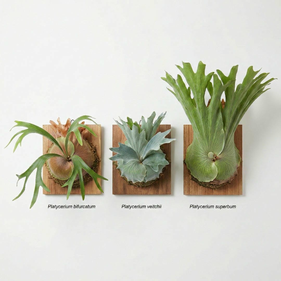 Side-by-side comparison of three Platycerium species: bifurcatum, veitchii, and superbum