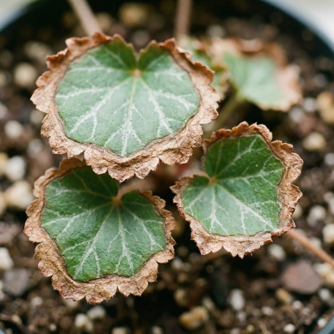 Strawberry Begonia leaf showing brown, crispy edges from low humidity or inconsistent watering