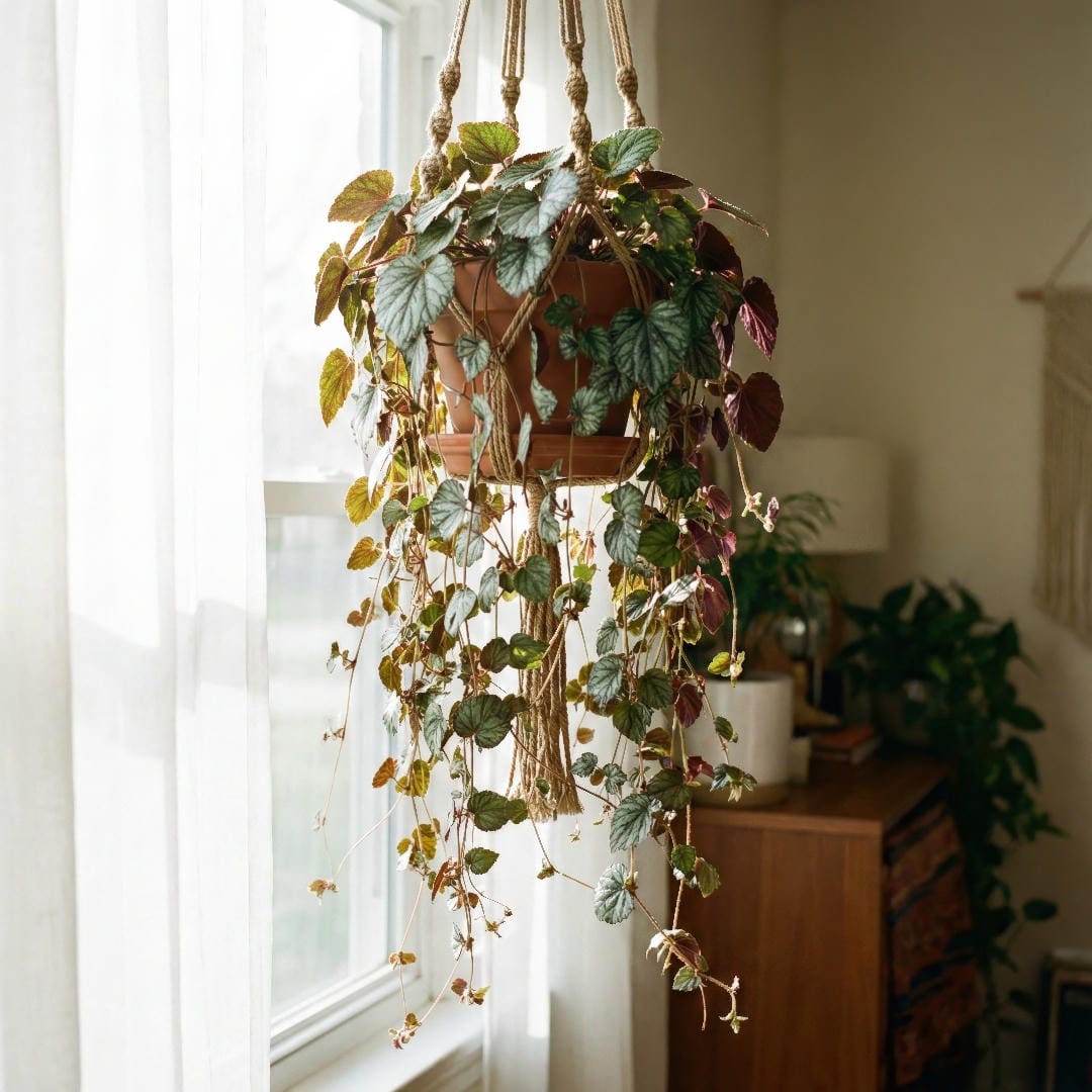 Mature Strawberry Begonia in a hanging macrame planter with cascading stolons and baby plantlets