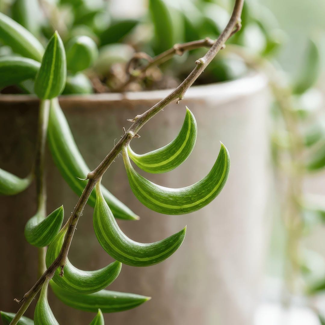 Macro close-up of String of Bananas leaves showing the distinctive curved shape and translucent window stripe along each leaf.