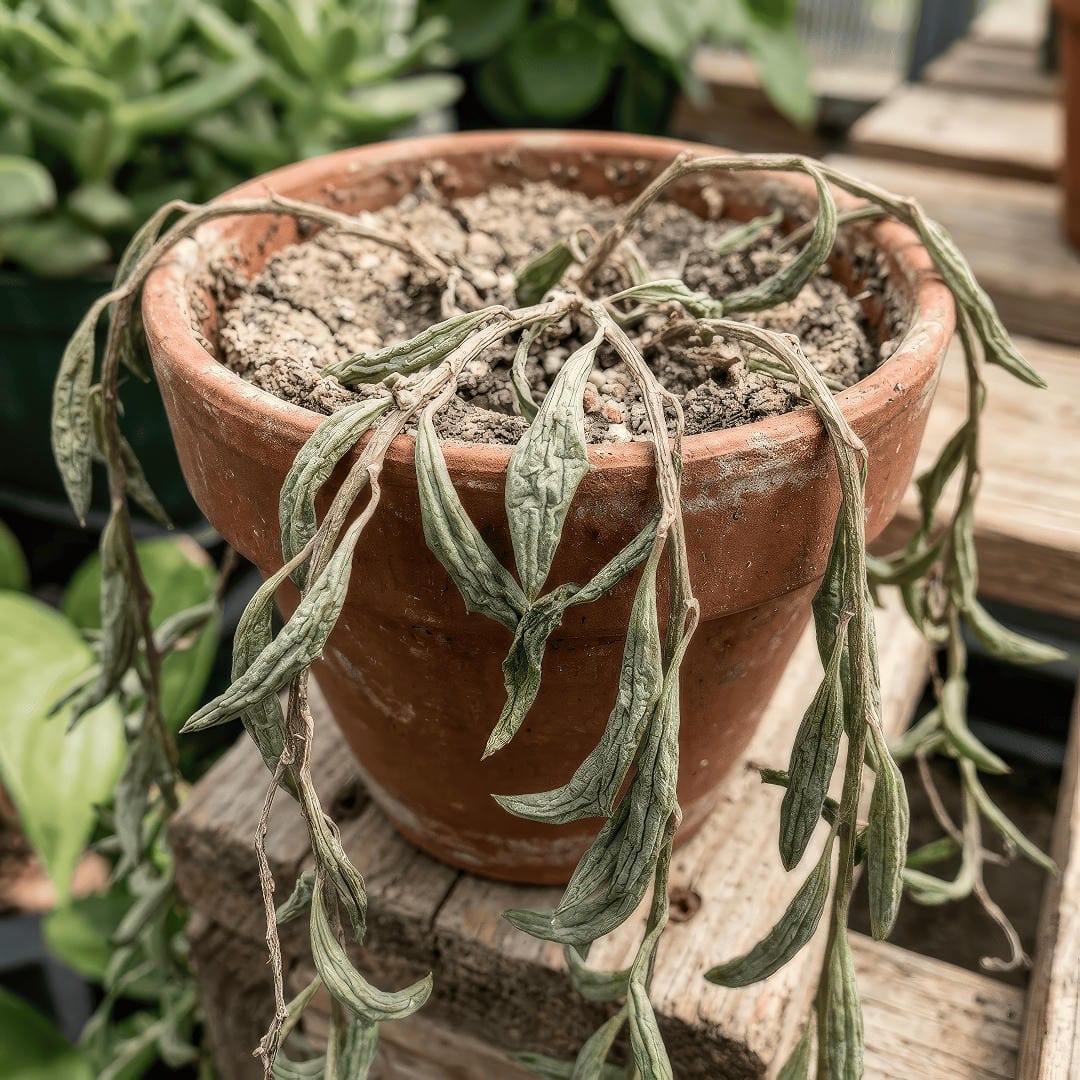 A dehydrated String of Bananas with shriveled, wrinkled, deflated leaves and dry soil.