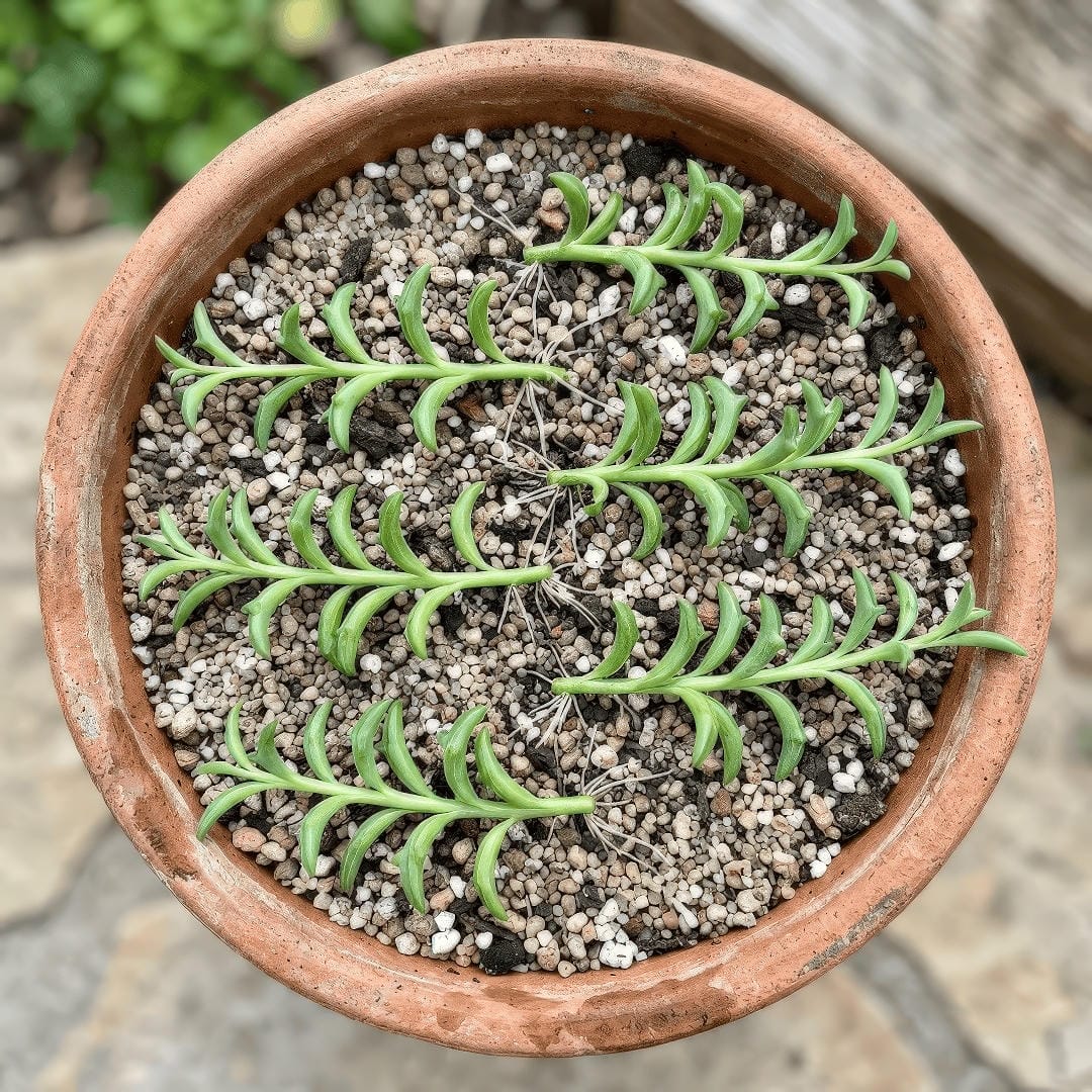 Stem cuttings of String of Dolphins laid horizontally across the surface of succulent soil to root.
