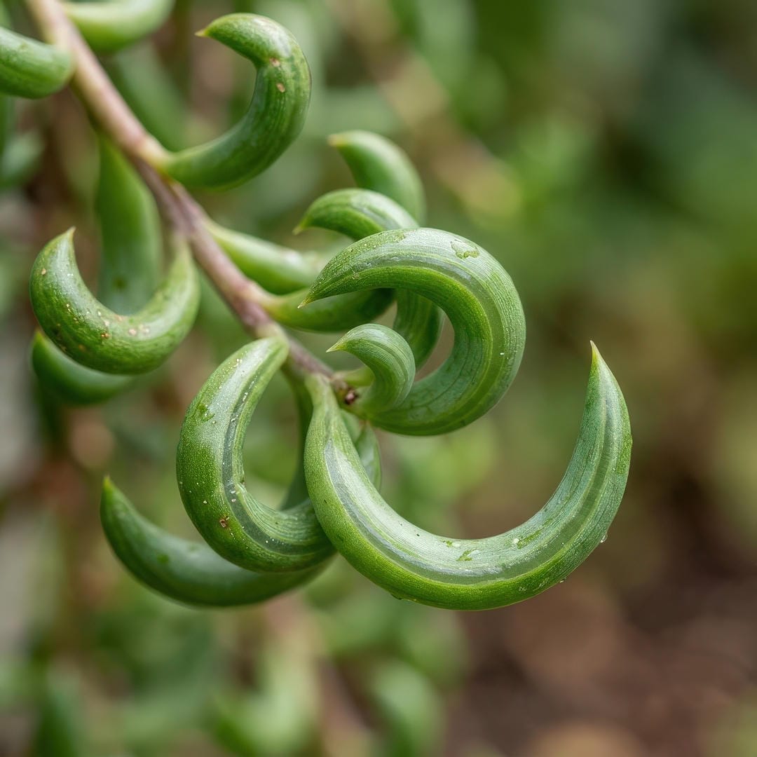 Macro close-up of String of Fishhooks leaves showing the distinctive tight hook shape and translucent window stripe along each leaf.