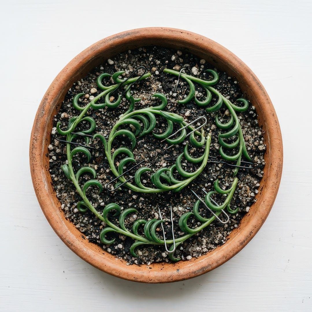 String of Fishhooks stem cuttings laid on succulent soil in a shallow pot for propagation.