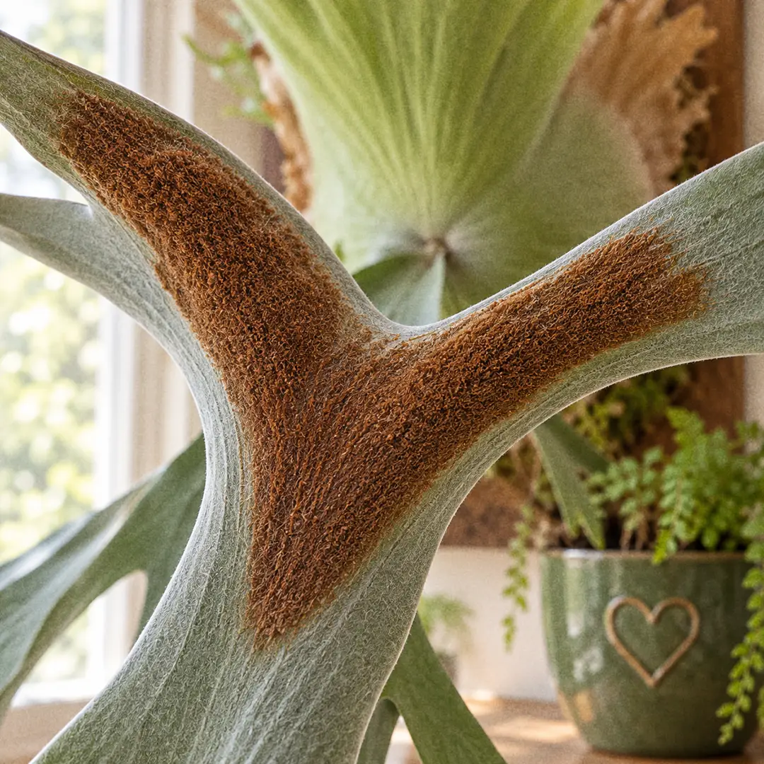 A macro close-up of the underside of a Superbum Staghorn Fern antler frond at its first fork, showing a single large velvety brown spore patch on the silvery grey-green frond, with the tall shield frond softly blurred in the background