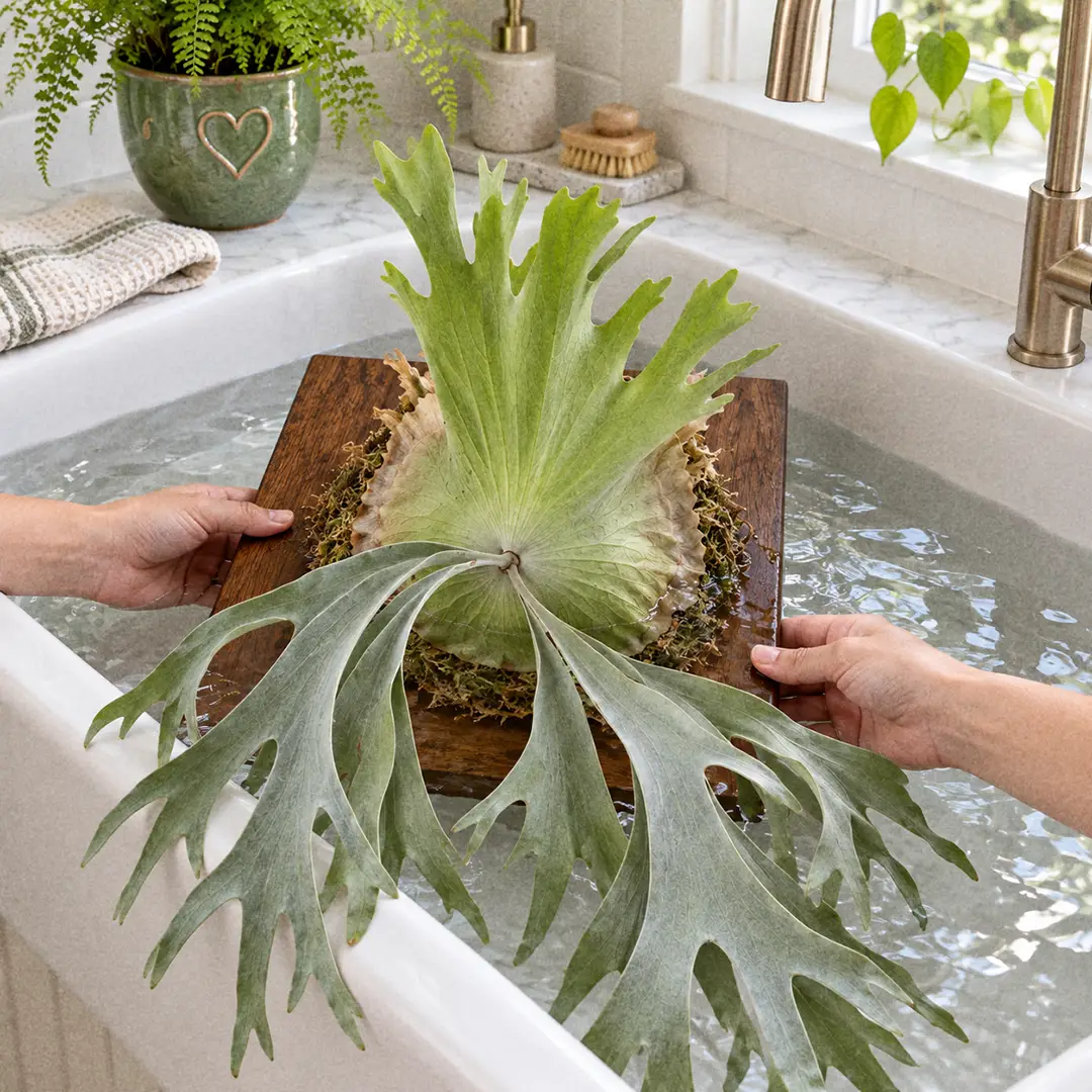 A person's hands submerging a mounted Superbum Staghorn Fern face up in a shallow tub of water so the sphagnum moss pad and base of the shield frond soak, with the antler fronds resting over the rim and a green ceramic pot with a heart motif on the counter nearby