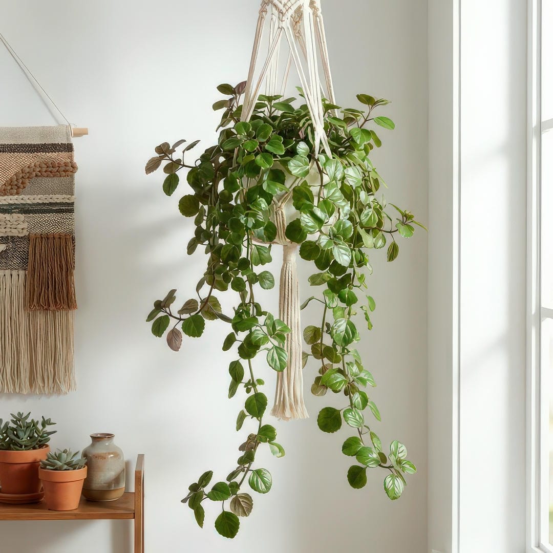 Swedish Ivy displayed in a macrame hanging planter with long trailing stems