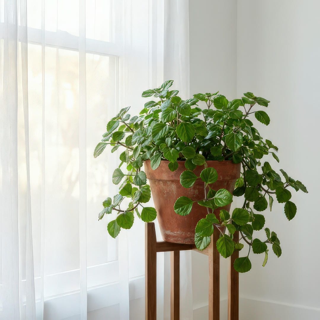 Swedish Ivy positioned near a bright window with filtered light showing its glossy green leaves