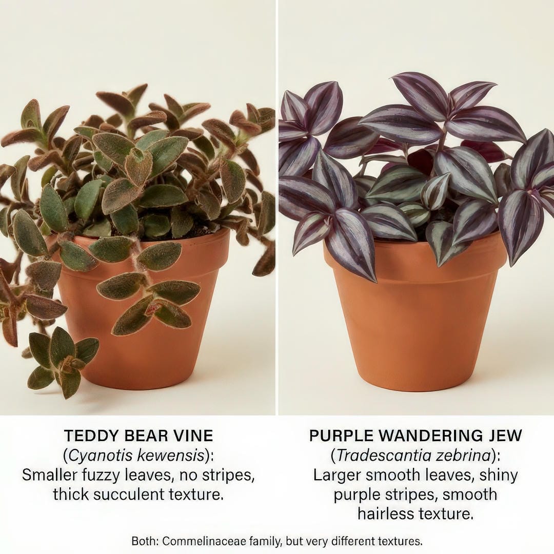 Teddy Bear Vine compared to Tradescantia showing the distinct fuzzy texture difference