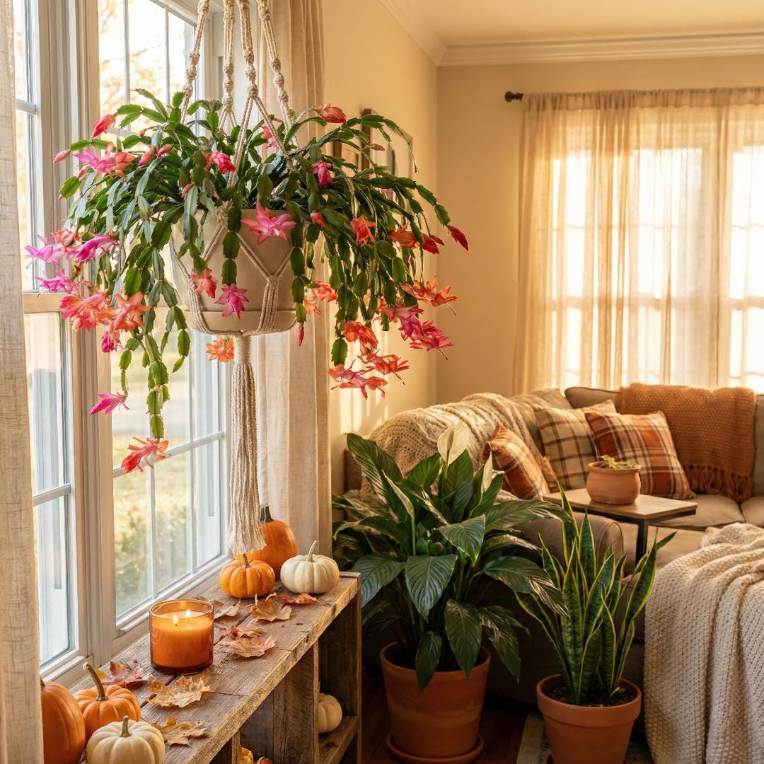 Thanksgiving Cactus in a beautiful macrame hanger with cascading stems covered in vibrant pink-orange blooms displayed near a bright window in a cozy autumn-decorated living room