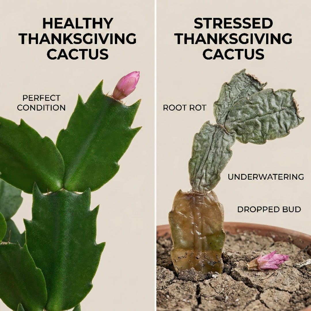 Split image showing a healthy vibrant Thanksgiving Cactus segment with pointed teeth on the left and a wilted, shriveled segment showing root rot damage on the right