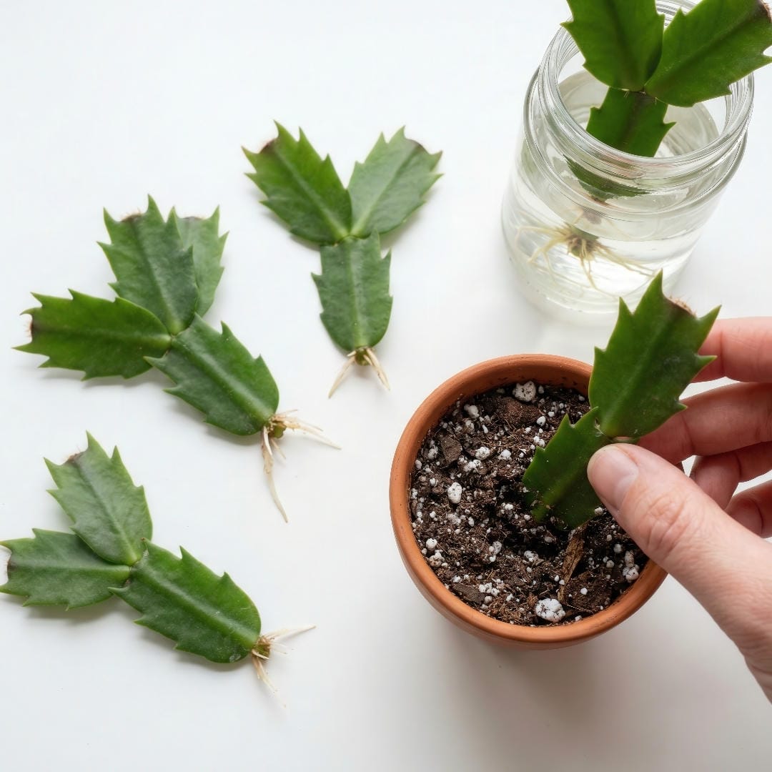 Several Thanksgiving Cactus stem cuttings with 2-3 claw-tipped segments each, some showing small white roots developing at the base, arranged on a bright surface next to small pots of soil
