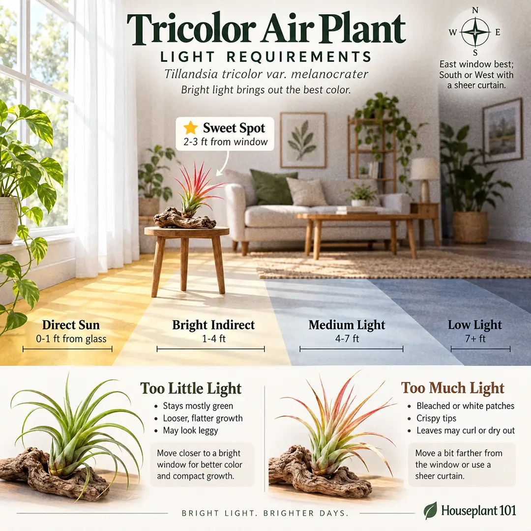 A labeled light guide diagram showing where to place a Tricolor Air Plant indoors relative to an east-facing window, with direct sun, bright indirect, medium and low light zones marked and the sweet spot highlighted two to three feet from the glass