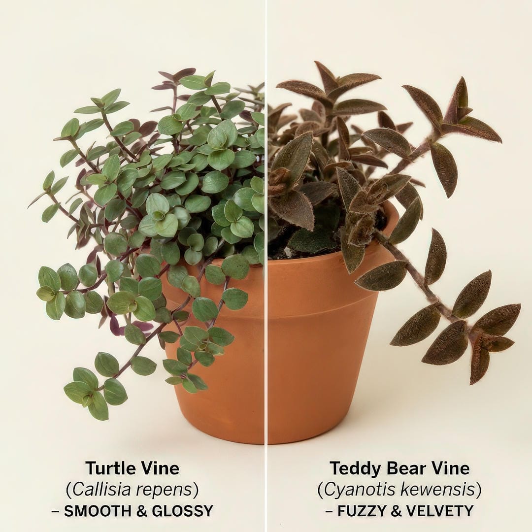 Turtle Vine compared to Teddy Bear Vine showing smooth vs fuzzy texture difference