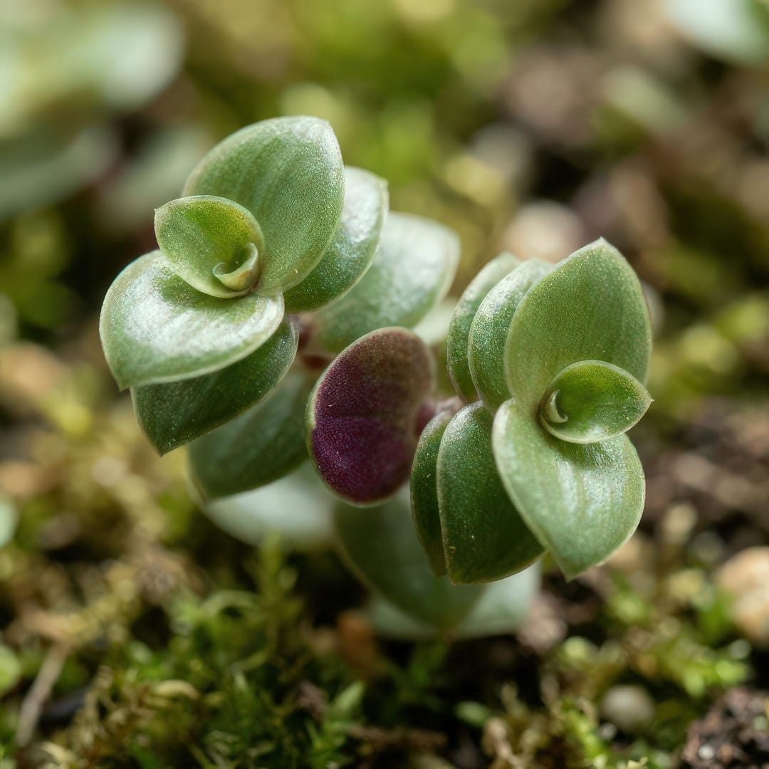 Close-up of Turtle Vine leaves showing green tops and purple undersides