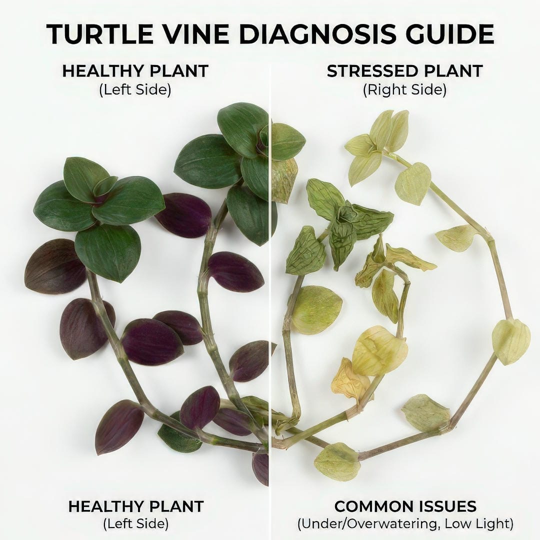 Comparison of healthy vs stressed Turtle Vine for problem diagnosis
