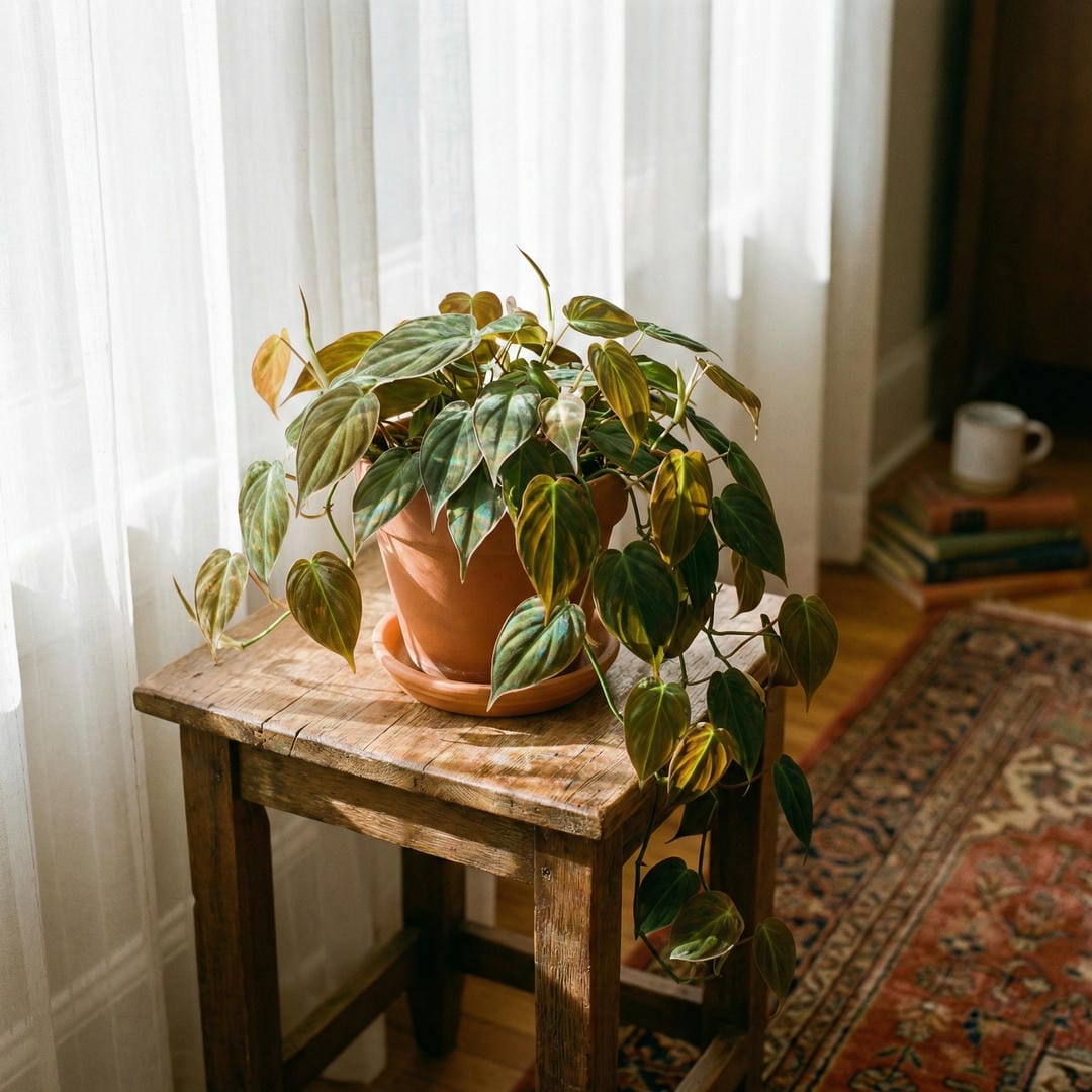 Velvet Leaf Philodendron on a side table near a bright window with sheer curtains filtering the light
