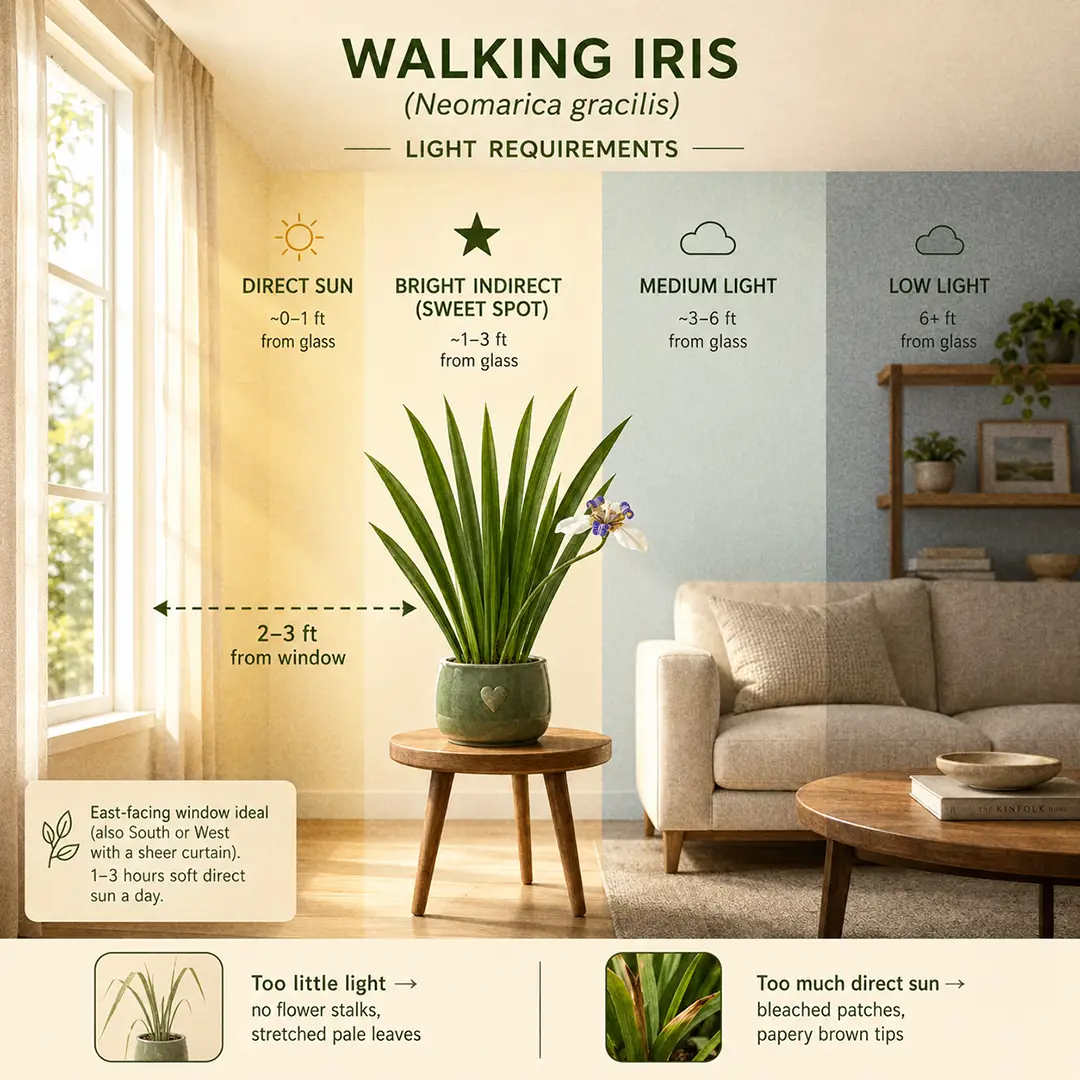 A labeled light-zone diagram showing a Walking Iris placed in the sweet spot two to three feet from an east-facing window, with sweet-spot, too-dark, and too-bright zones color-washed and a small note about morning sun and filtered afternoon light