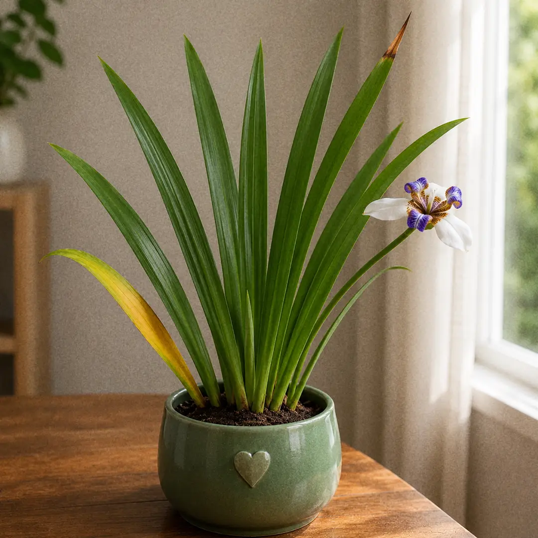 A Walking Iris showing a mix of healthy glossy green sword leaves and a single yellowing outer leaf with a brown crispy tip, soil visibly damp around the rhizome, plant in a green ceramic pot with a heart motif on a wooden surface near a bright window