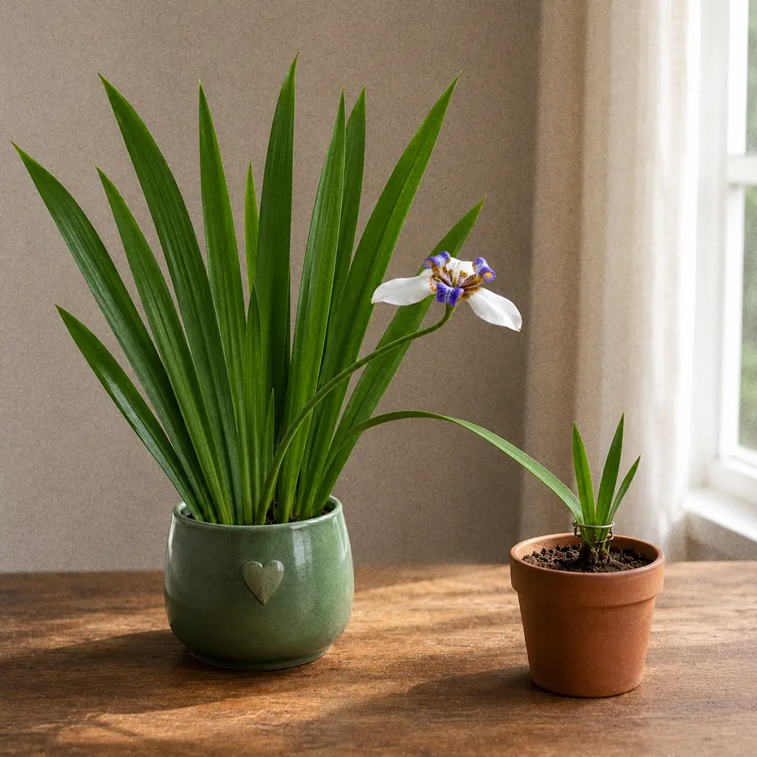 A Walking Iris flower stalk with a small rooted plantlet at the tip pinned into a smaller adjacent green ceramic pot with a heart motif, soil settled around the new fan, in soft window light