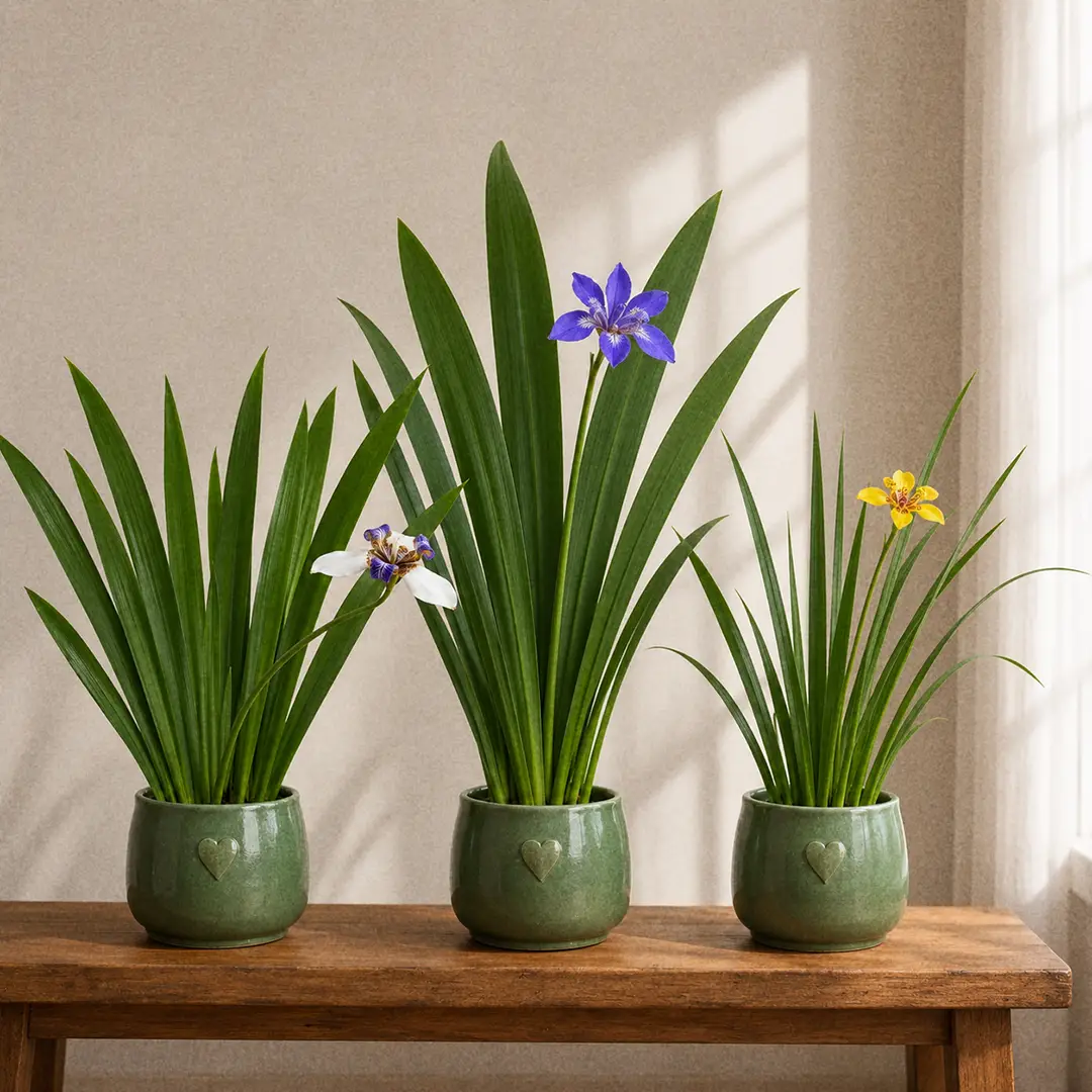 Three Walking Iris varieties side by side on a wooden shelf in matching green ceramic pots with heart motifs, showing Neomarica gracilis with a white-and-blue flower, Neomarica caerulea with an all-blue flower on a taller fan, and Neomarica longifolia with yellow blooms on a slimmer fan, near a bright window