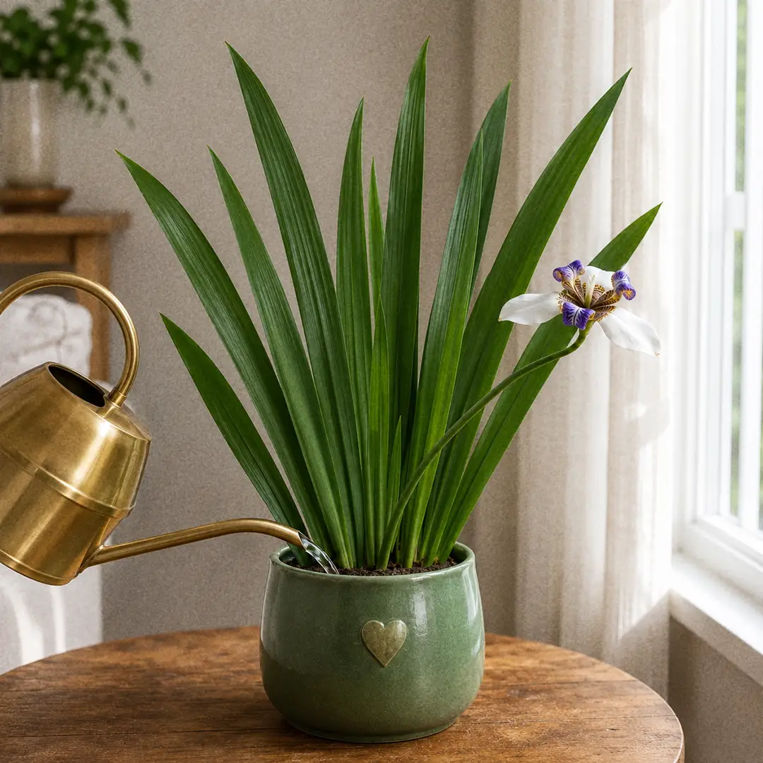 A Walking Iris being watered at soil level from a slender-spouted watering can, with water visible mid-pour darkening the soil around the rhizome, in a green ceramic pot with a heart motif on a wooden surface