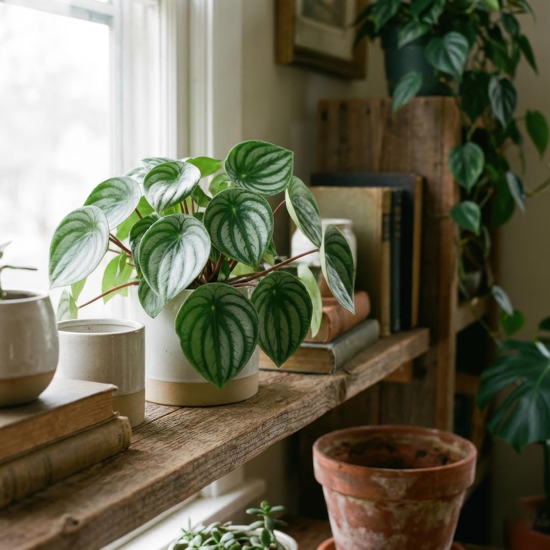 Watermelon Peperomia styled on a shelf in a simple pot with soft natural light emphasizing the striped leaves.