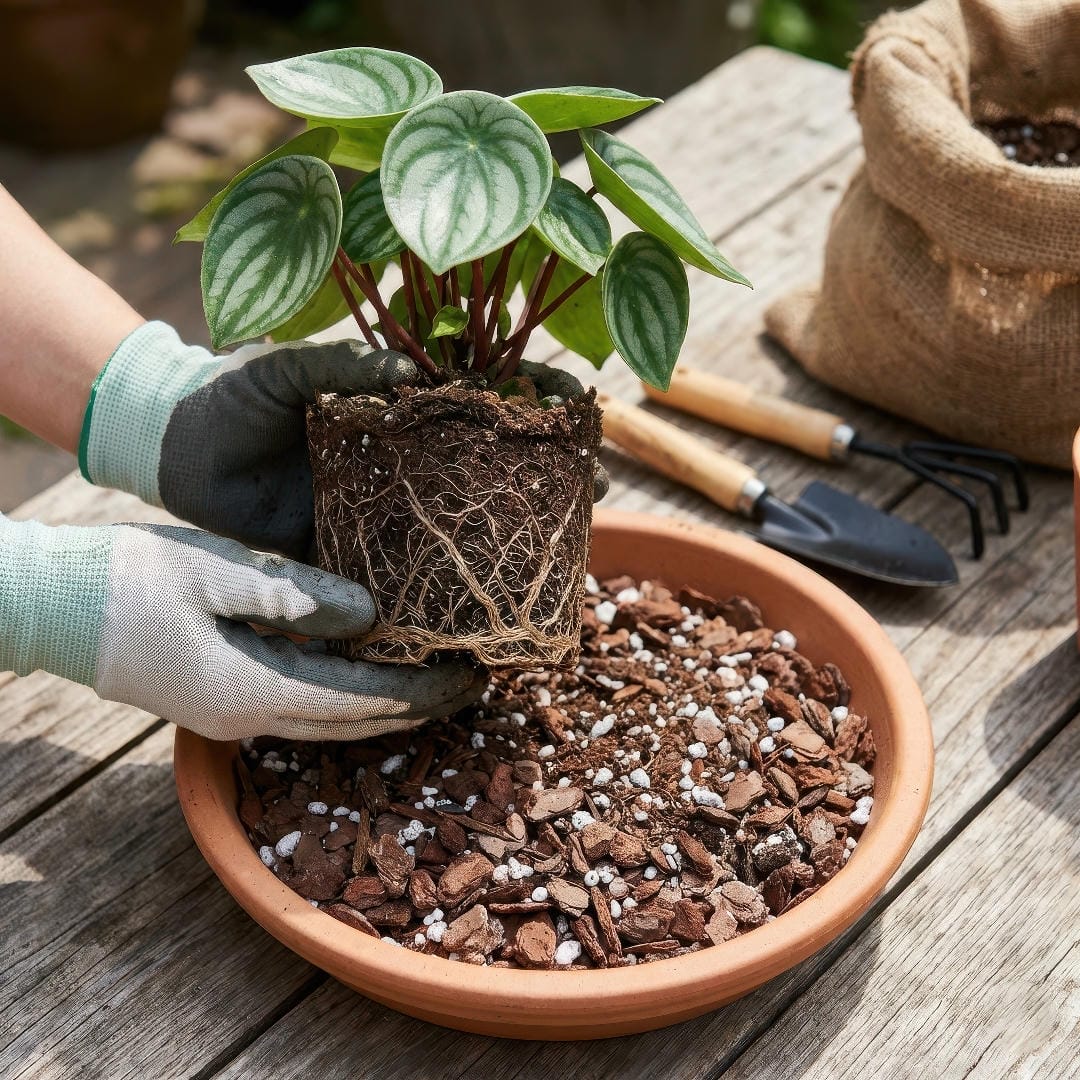 Watermelon Peperomia being repotted carefully into fresh airy mix, showing compact root ball and shallow pot.