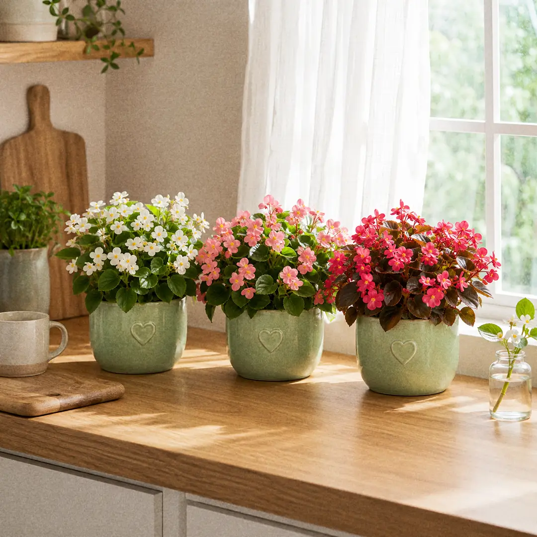 A styled bright modern kitchen counter with three Wax Begonias in matching green ceramic pots with heart motifs in a row near a sunny window, one with white flowers, one with pink, and one with red, with morning light catching the glossy leaves