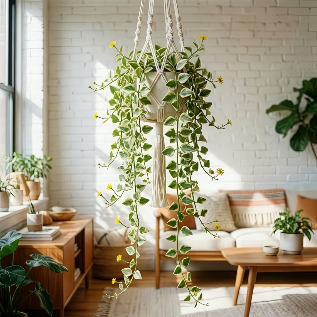 Wax Ivy displayed in a macrame hanging planter with trailing stems