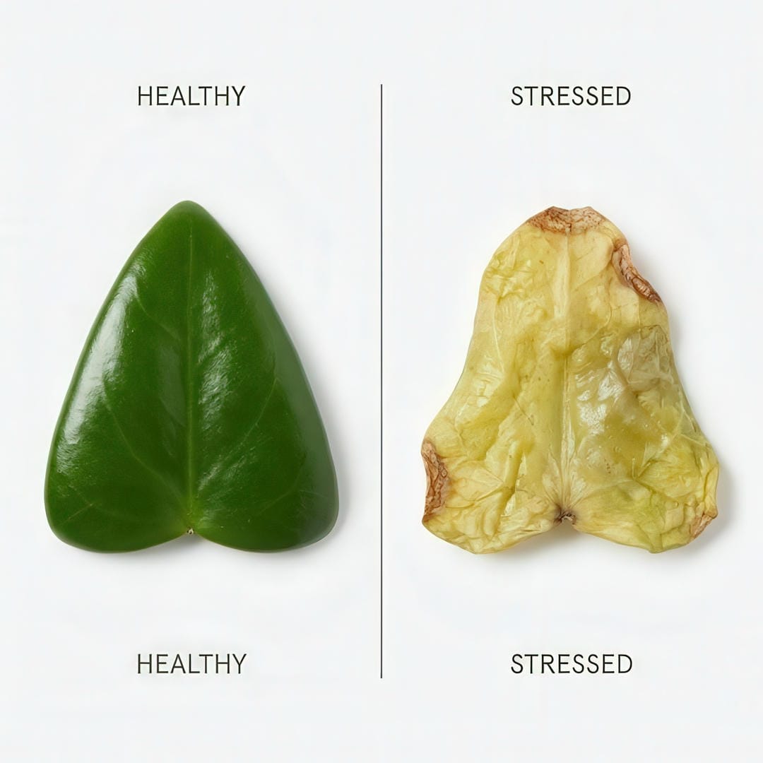 Comparison of healthy vs stressed Wax Ivy leaves for problem diagnosis