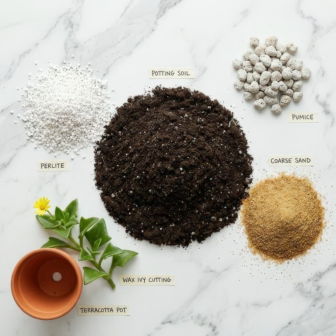 Components of ideal Wax Ivy potting mix including soil, perlite, and sand