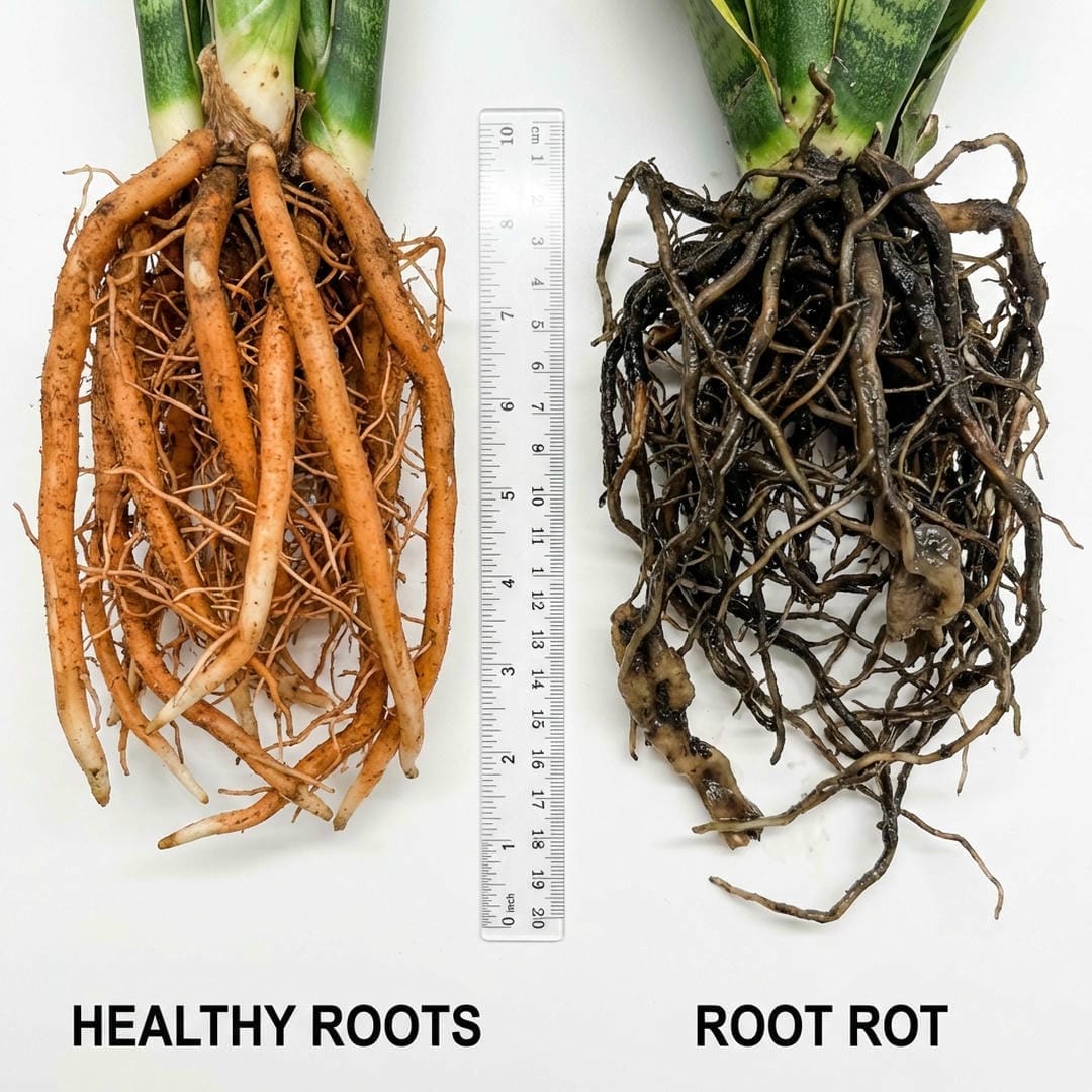 Healthy roots vs rotted roots comparison