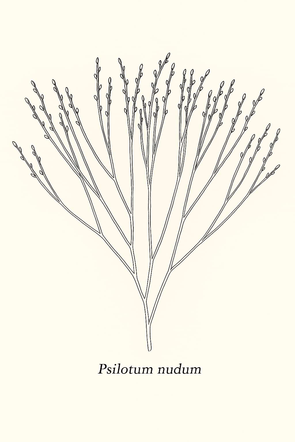 Botanical illustration showing the branching stems and sporangia of a Whisk Fern (Psilotum nudum)
