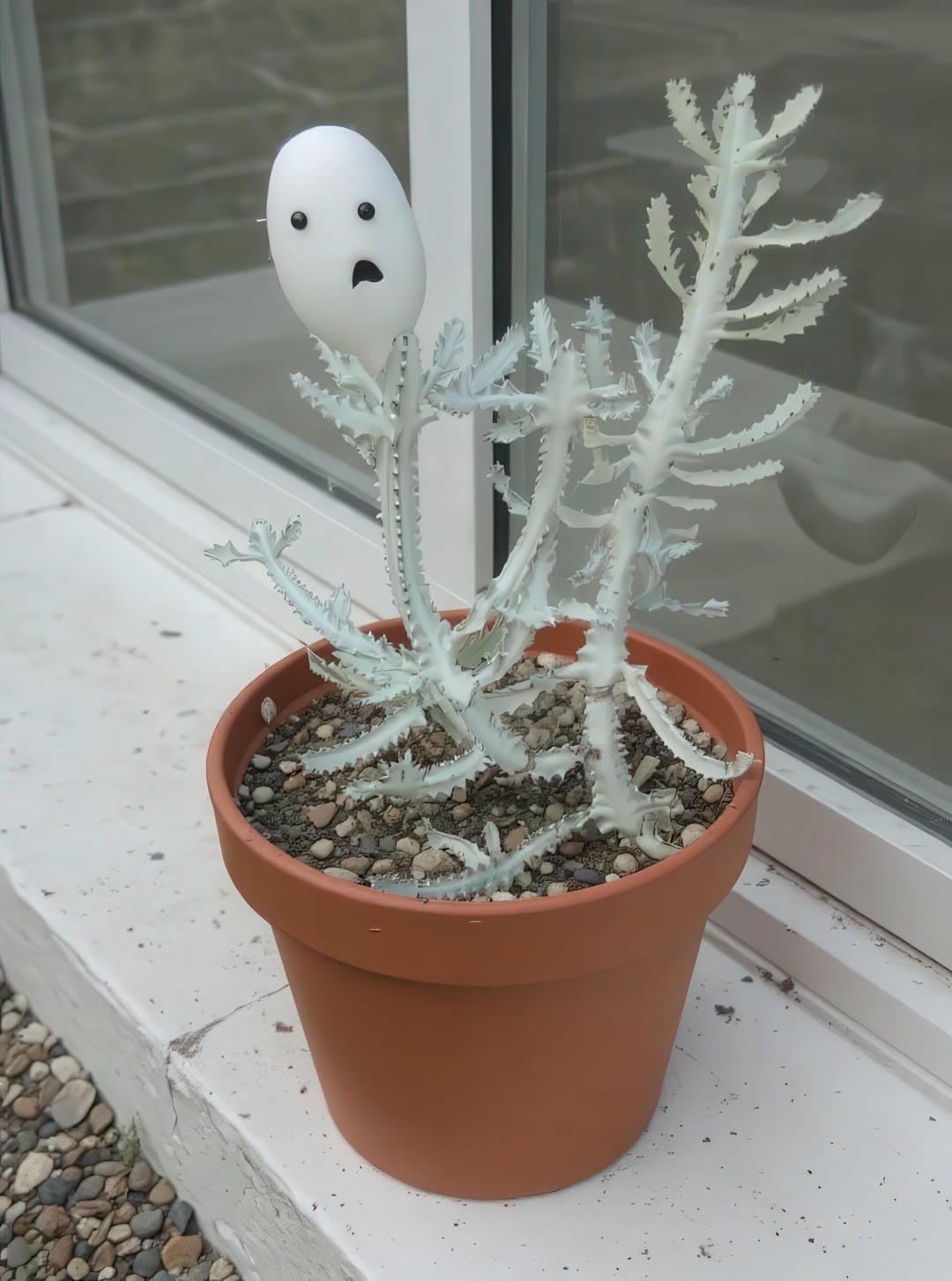Euphorbia lactea 'White Ghost' on a windowsill with a fun, small toy ghost decoration.