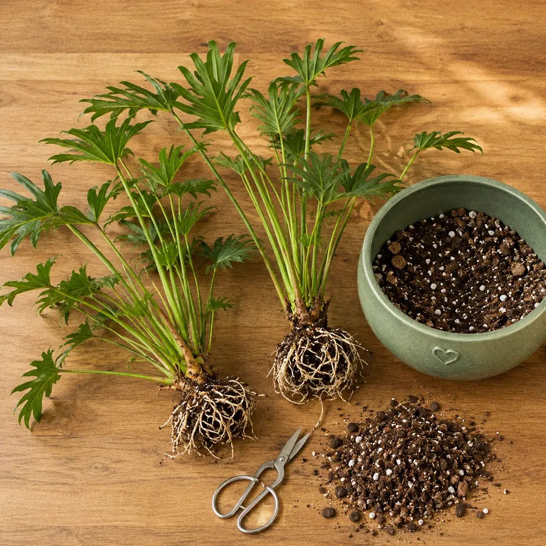 Top-down view of a Xanadu plant divided into two sections during repotting on a wooden surface beside a green ceramic pot with a heart motif, with visible white roots on the divided crown sections and lobed glossy green leaves above